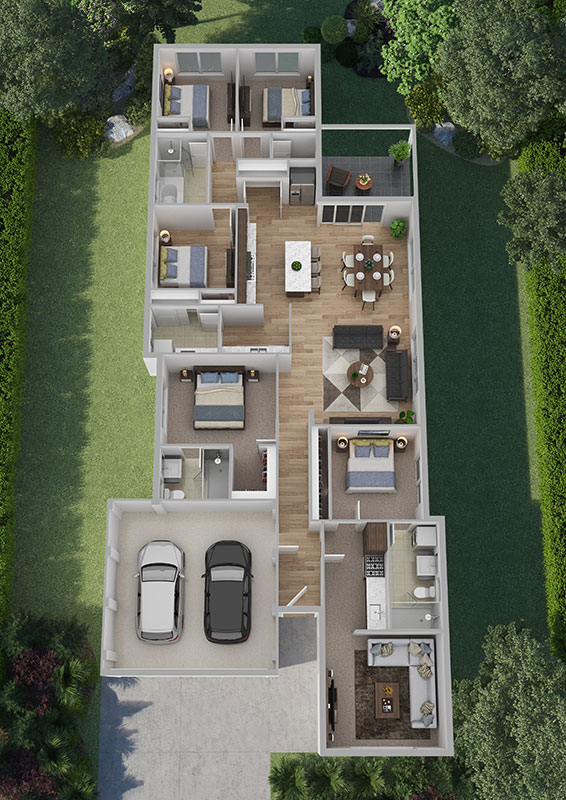 3D floor plan of the Casa Nova home layout for multigenerational living.